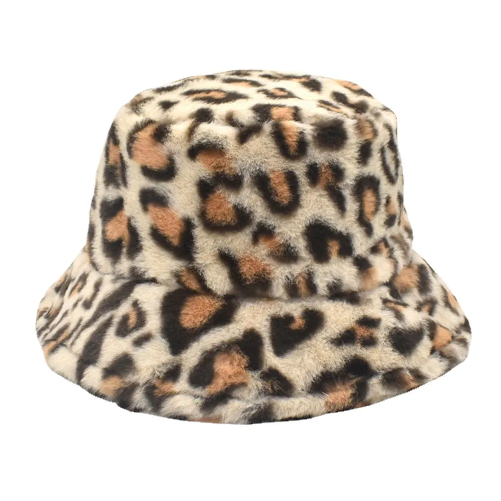 Women Lamb Hair Warm Soft Leopard Pattern Casual Personality Bucket Hat