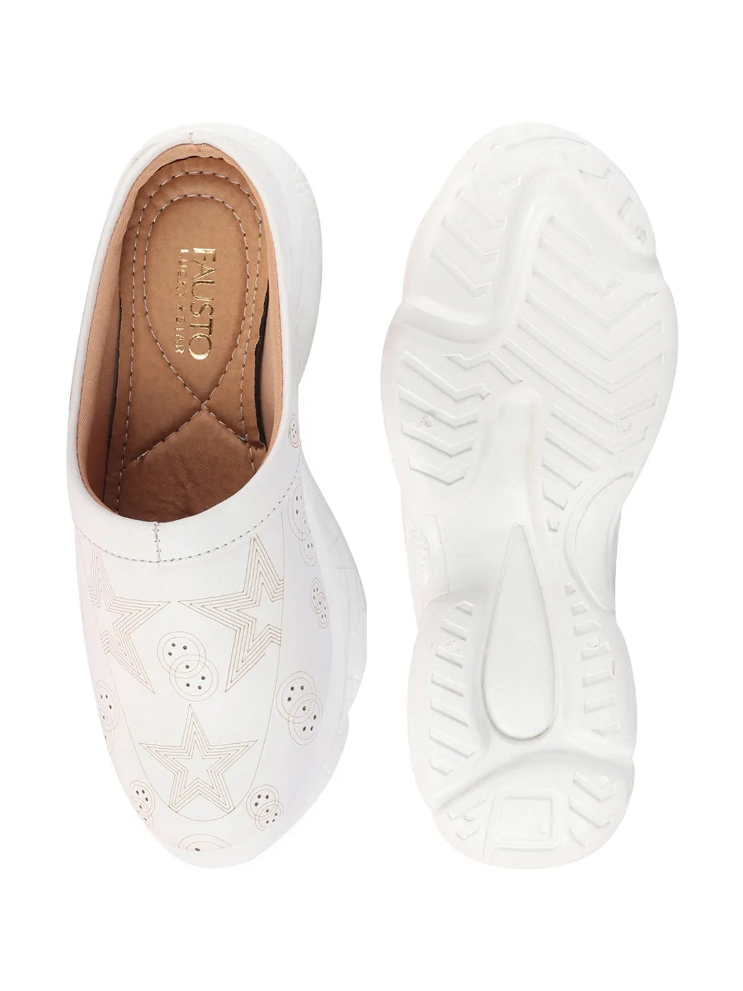 Women White Laser Cut Star Design Back Open Slip-On Mules Shoes