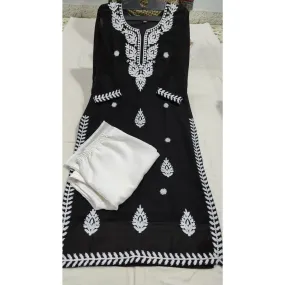 Women's Black Georgette Lucknowi Chikankari Kurta Palazzo Set