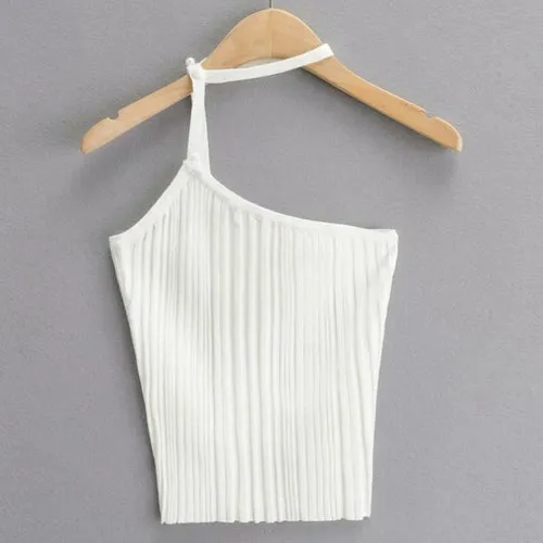 Solid Color Ribbed Knitted Camis Women Summer Sexy Halter Neck Pearl