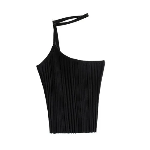 Solid Color Ribbed Knitted Camis Women Summer Sexy Halter Neck Pearl